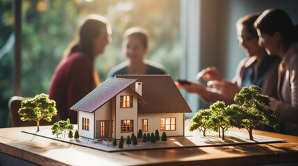 image of a real estate agent signing a mortgage agreement with happy young clients, showcasing a miniature house, symbolizing the joy of buying a new home. ai generated.