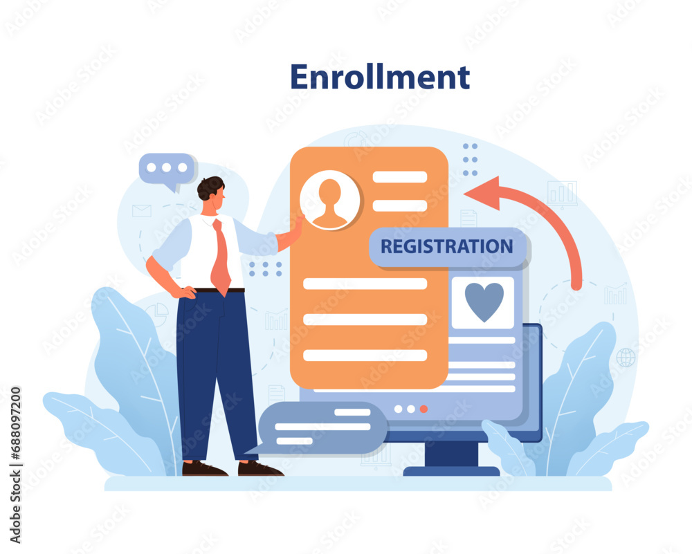 Poster enrollment process visualized. businessman interacts with an online registration form on a computer,