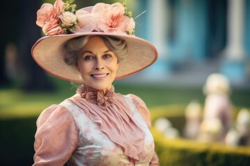 elderly woman wearing a historic dress and hat in an outdoor setting