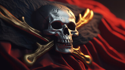 Naklejka premium Metallic skull pirate pin on a waving red and black flag, hacker emblem, death danger symbol