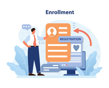 Enrollment process visualized. Businessman interacts with an online registration form on a computer, symbolizing easy user sign-up. Digital application, seamless registration experience. Flat vector