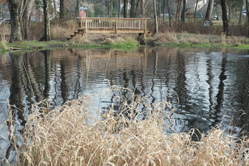 You can see the reflection of trees and the footbridge in the water