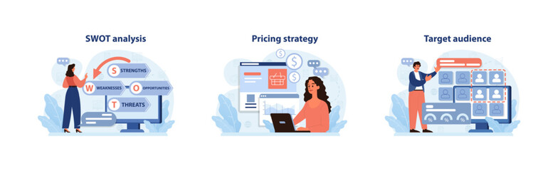 Business strategies set. Woman analyzes strengths and weaknesses, determining pricing strategies, and pinpointing target audience. Informed decisions, profitable results. Flat vector illustration