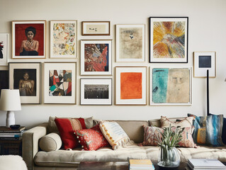 An eclectic mix of artwork displayed on a gallery wall, creating an artistic and unique atmosphere.