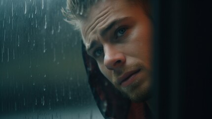 A young man in front of raindrops dripping on the window