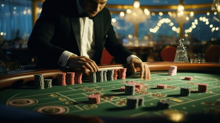 Casino attendant tidying the baccarat game table