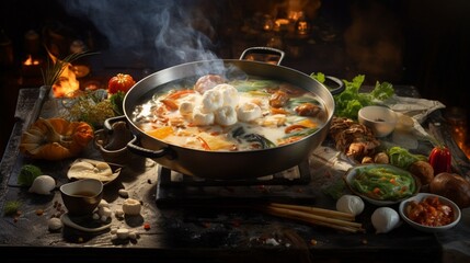 a ladle scoops up a flavorful serving of hotpot, capturing the essence of indulgence and warmth in each ingredient, against the clean white canvas, 