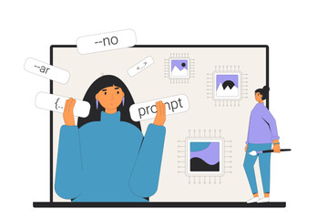 Prompt engineering course. Learning crafting precise instructions to AI. Vector illustration.