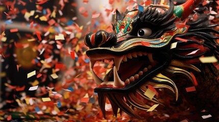 Chinese Dragon in colorful confetti background. CNY year of the dragon. Happy Chinese New Year...