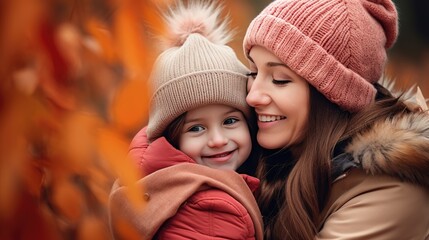 Obraz premium Mother and child hugging portrait background. Mother's Hug Day love family parenthood childhood togetherness father’s day concept.