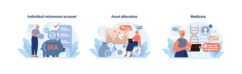 Retirement Planning set. Dive into Individual Retirement Accounts, savvy Asset Allocation, and understanding Medicare. Navigate financial waters for a secure future. Flat vector illustration.