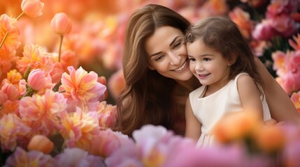 Fototapeta premium Mother and child hugging portrait background. Mother's Hug Day love family parenthood childhood togetherness father’s day concept.