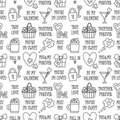 Valentines Day doodle style seamless pattern in black and white, hand-drawn love theme icons and quotes background. Romantic mood, cute symbols and elements collection.