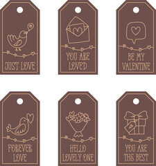 Valentines Day printable tags template in doodle style, hand-drawn love theme icons and quotes. Romantic mood, cute symbols and elements collection.