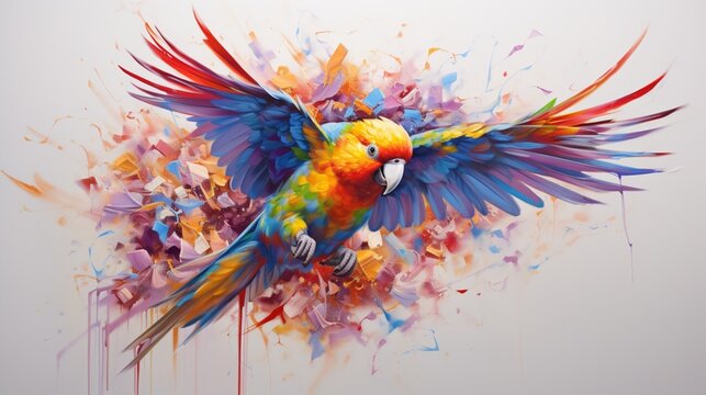 a lively and colorful portrayal of a lorikeet, its playful antics and vibrant feathers depicted in vibrant hues on a pristine white canvas, reflecting the energetic nature of these small parrots.