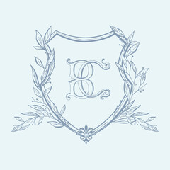 Vintage BC initial wedding crest design. Fleur de lis symbol crest design vector illustration.