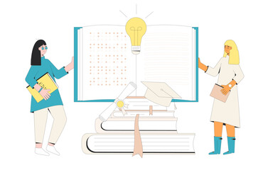 Inclusive education. Students with book. Vector illustration.