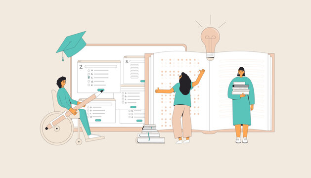 Inclusive adult education. Students with book.