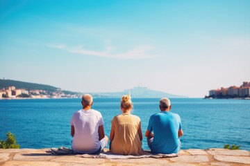 Fototapeta premium Retired couple finds tranquility in outdoor yoga by the sea harmonizing with nature, embodying well-being