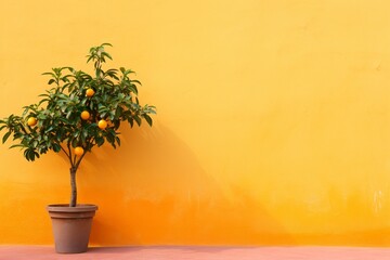 Potted Orange Tree in Front of Yellow Wall