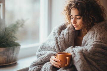 Woman Cozily Wrapped in a Blanket, Holding a Warm Mug
