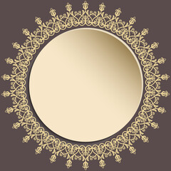 Round frame with floral elements and arabesques. Brown and golden pattern with arabesques. Fine greeting card