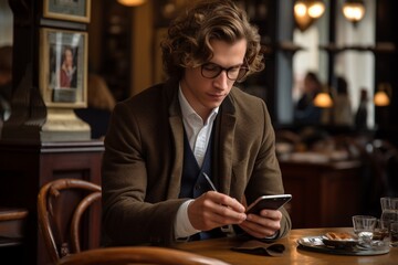 Man Using Cell Phone at Table