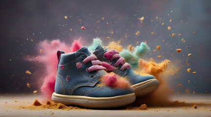 Baby shoe with explosion of colorful dust
