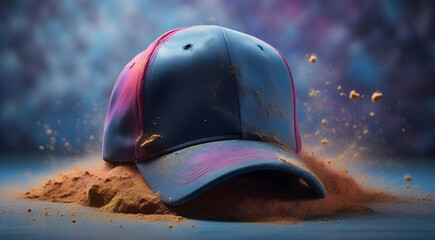 Baseball blue cap and explosion of dust in dark background