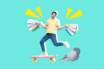 Collage picture of funny young man riding skateboard bring packages from shopping mall overjoyed spending money isolated on cyan background