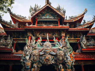 Colorful Asian temples showcasing stunning intricate carvings and vibrant cultural richness.