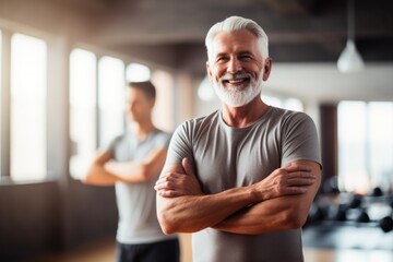 pretty confident older man smiling looking at camera in gym - obrazy, fototapety, plakaty