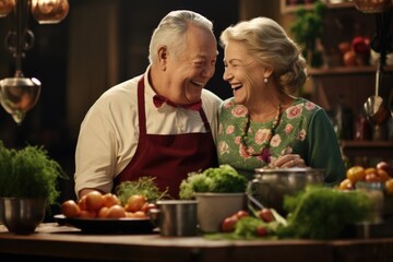 Smiles light up the faces of a satisfied senior couple as they engage in the preparation of nutritious food, with a table adorned with vibrant vegetables
