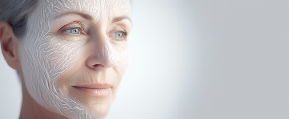 A serene backdrop enhances the image of a woman with cream on her face, emphasizing the care and attention given to aging gracefully