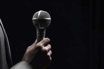 man holding a microphone - isolated on dark background