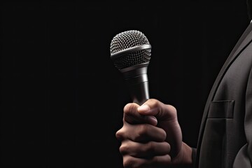 man holding a microphone - isolated on dark background