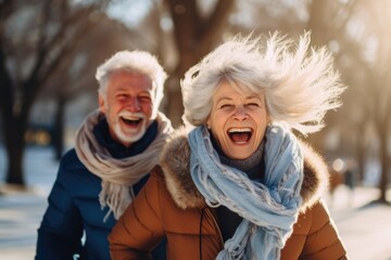 Braving the winter chill, positive pensioners partake in brisk race walking through the park, their laughter echoing amidst frosty breaths - obrazy, fototapety, plakaty