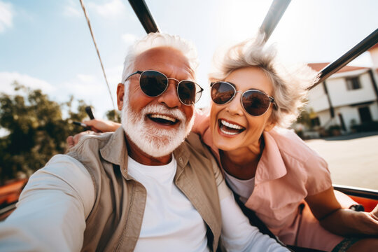 Positivity takes flight as spirited grandparents enjoy the thrill of flying on a light single-engine aircraft, their smiles matching the boundless skies