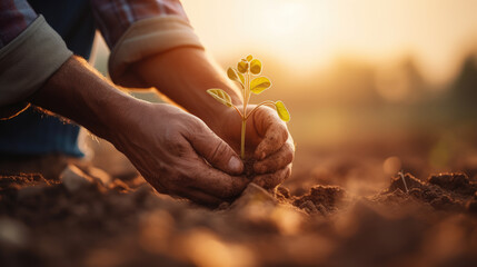 Pair of hands gently cradling a young plant in the soil, symbolizing care and growth, with the warm light of a sunrise in the background - Powered by Adobe