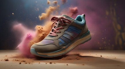 Beautiful sport shoe on air, explosion of colorful dust