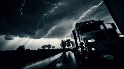 Fototapeta na wymiar American truck driving on a rainy road struck by lightning