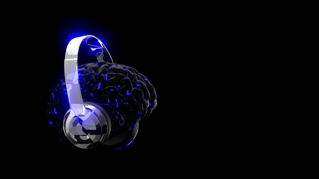 artificial intelligence in headphones, dancing and listening to music, concept in the form of a human brain, sci-fi style, 3D rendering