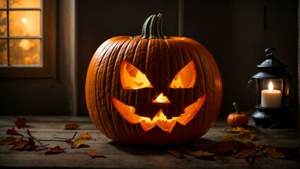 Obraz premium A pumpkin carved in the shape of a lantern, with a terrifying and sinister face, on Halloween day