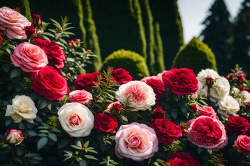 Beautiful nostalgic roses in the park in shades of pink, red, and white. a flowerbed with a rose bush