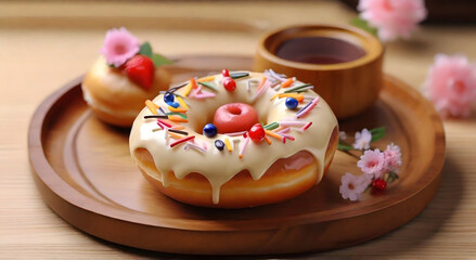 Real photo of cream donuts and tea in wooden containers on the table, AI GENERATED