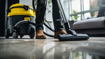 Person vacuuming the carpet at home with a modern vacuum cleaner