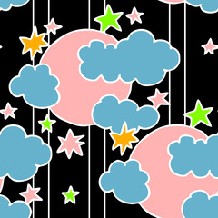 Starry night seamless vector pattern with moon, stars and clouds. Boho style decorative background for wallpaper, digital paper, wrapping design, fashion fabric, textile print. Hand drawn illustration