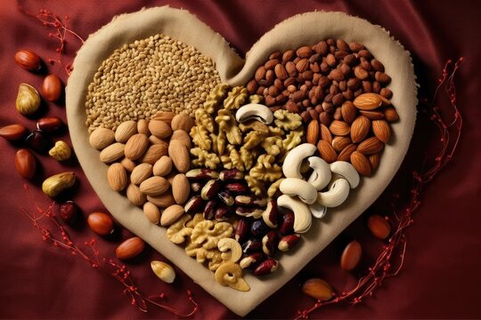 different nuts and seets arranged in the shape of a heart