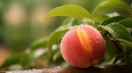 Beautiful organic close up ripe peach on nature outdoor background with copy space.