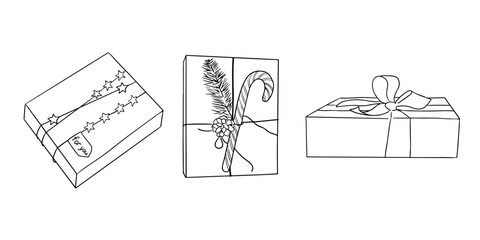 Outline hand drawn doodle set with gift boxes. Modern design of gift boxes. Christmas, Valentines, birthday concept compositions. Perfect for tattoo, sticker, decoration, printout. Contour drawing